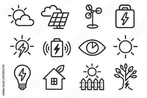 Renewable energy icons on dark background with solar and wind symbols