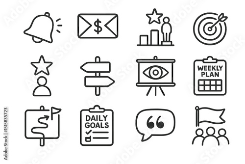 Business icons set: notification, finance, goals, planning, teamwork