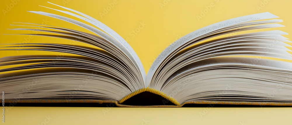 Fototapeta premium Open Book With Flared Pages Against Yellow Background