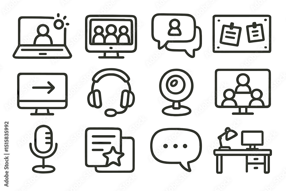 Online communication icons set with video, audio, and text tools Online communication icons set with video, audio, and text tools