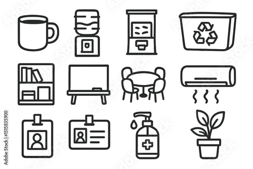 Office essentials icons: coffee, recycling, air conditioner, id badges, plant