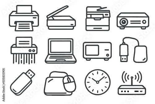 Office equipment icons: laptop, printer, shredder, clock, projector, usb