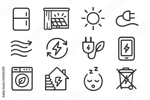 Eco-friendly energy icons: solar, wind, recycling, efficiency, conservation symbols