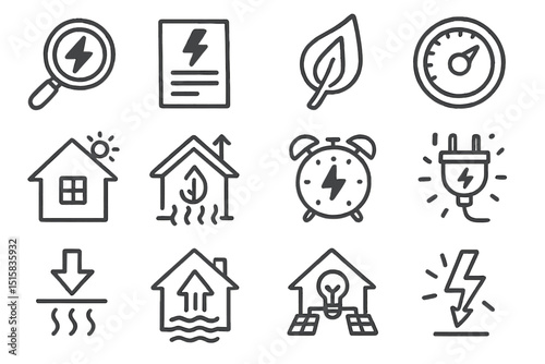 Energy efficiency icons: solar, electric, leaf, clock, meter, house
