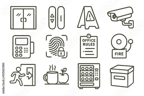 Office safety and security icons: camera, fire alarm, fingerprint, exits, rules