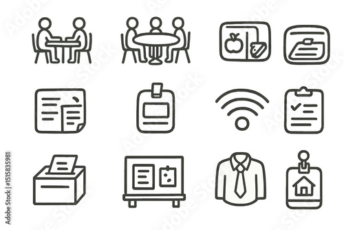 Office and business icons: documents, wifi, meetings, clipboard, badge, suit