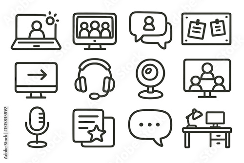 Online communication icons set with video, audio, and text tools