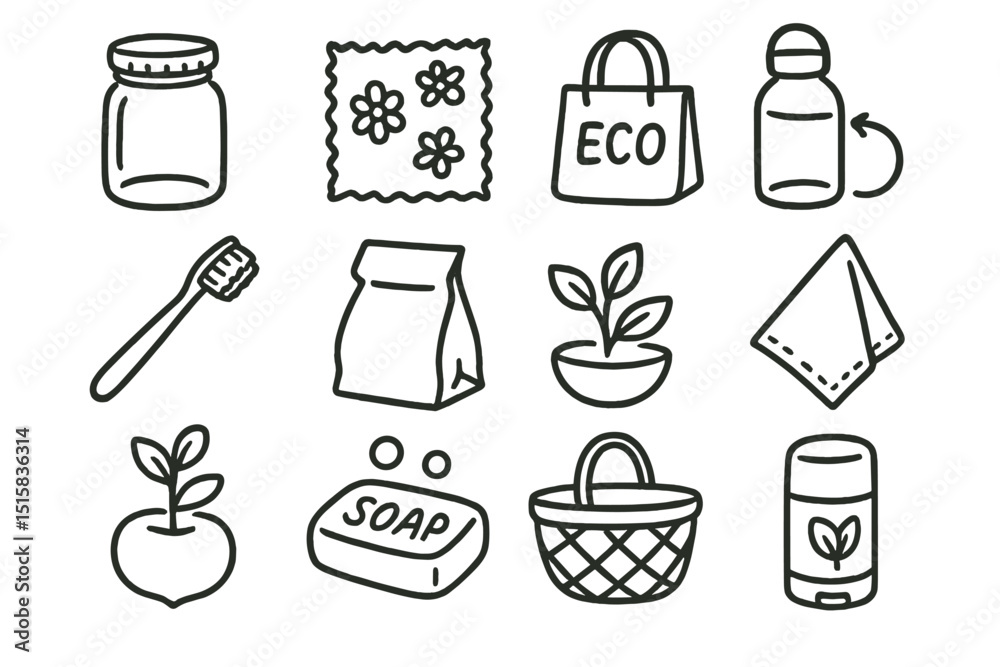 Eco-friendly icons of sustainable products for everyday use