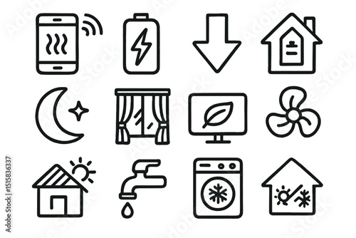 Home appliance and energy usage icon set for smart living