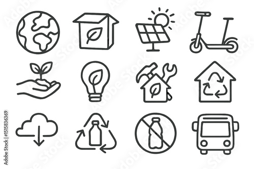 Eco icons collection: sustainability, renewable energy, recycling, and green living