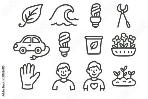 Simple eco-friendly icons featuring nature, energy, and community themes