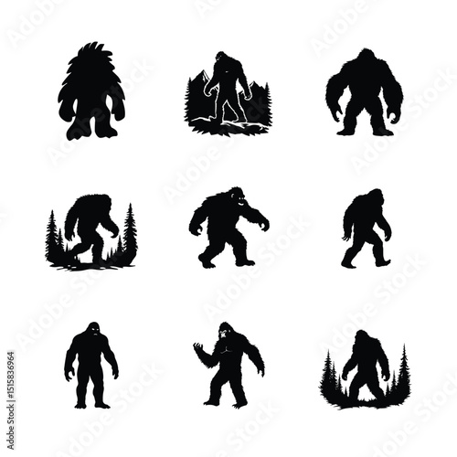 Sasquatch Silhouettes Collection Vector Illustration Featuring Bigfoot Figures In Different Poses And Forest Settings