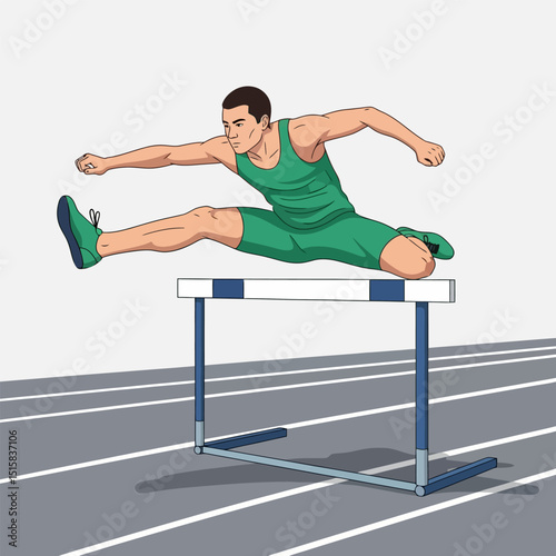 Man Jumping Over Hurdle on Running Track for Sports and Fitness