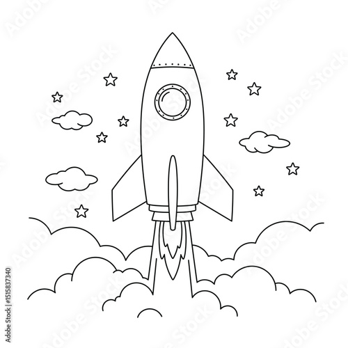 Space rocket launch. Technology spaceship, science and shuttle. Symbol of successful start. Vector illustration in linear style. Isolated on white background.