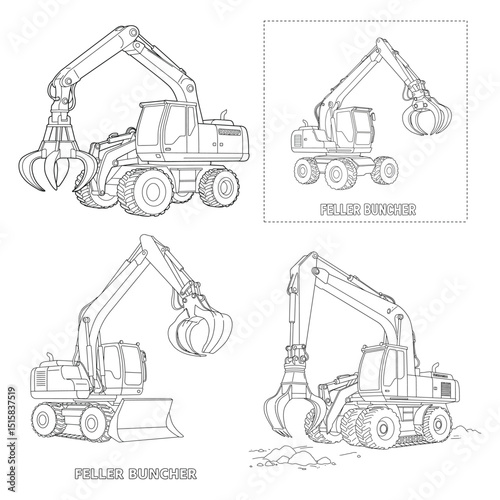 illustration vector doodles hand drawn of wheel loader isolated on white, realistic sketch.