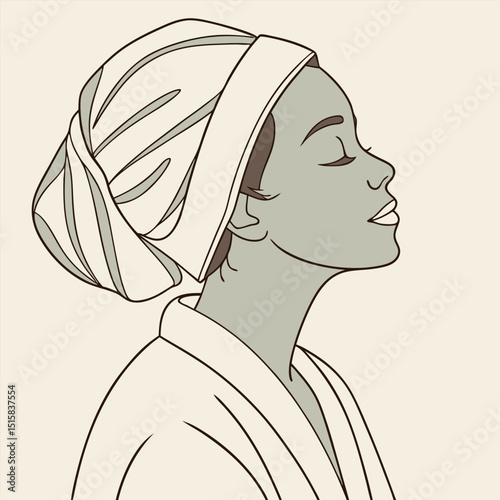 Calm woman with hair in a towel and face mask
