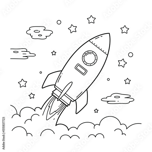 Space rocket launch. Technology spaceship, science and shuttle. Symbol of successful start. Vector illustration in linear style. Isolated on white background.