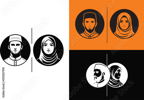 Muslim Couple Icon Set Diverse Representations of Islamic Spouses and Families