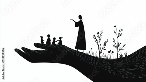 Black and white Jesus Christ with children, vector illustration, isolated on white background