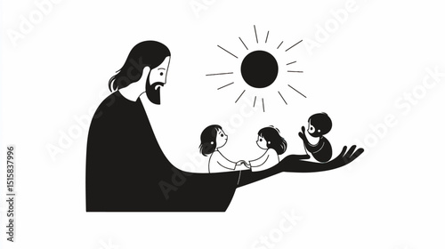 Black and white Jesus Christ with children, vector illustration, isolated on white background