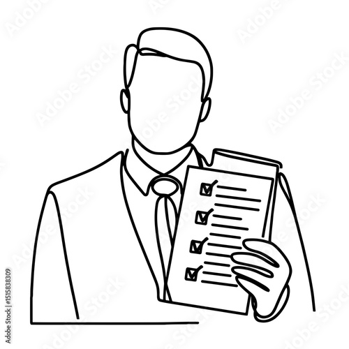 Businessman holding checklist in one line art style