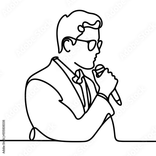 Businessman speaking into microphone in line style