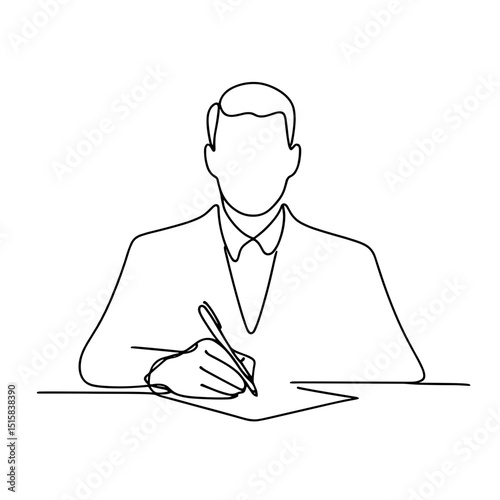 Businessman writing document at desk in line art