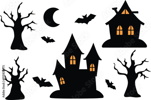 Spooky Halloween Silhouette Set with Haunted Houses, Bats, Dead Trees, and Moon Isolated on White Background for Holiday Decorations and Design Elements