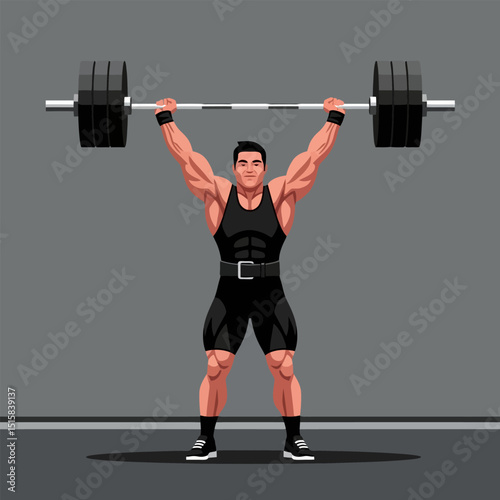 Weightlifting Man Lifting Heavy Barbell Overhead with Strong Muscular Physique