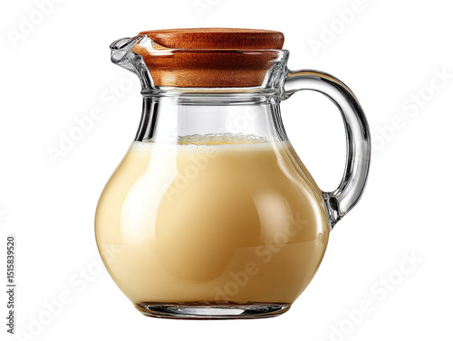Creamy Beverage in a Glass Pitcher: A refreshing view, showcasing a glass pitcher filled with a creamy beverage. The pitcher sits in a clean environment.