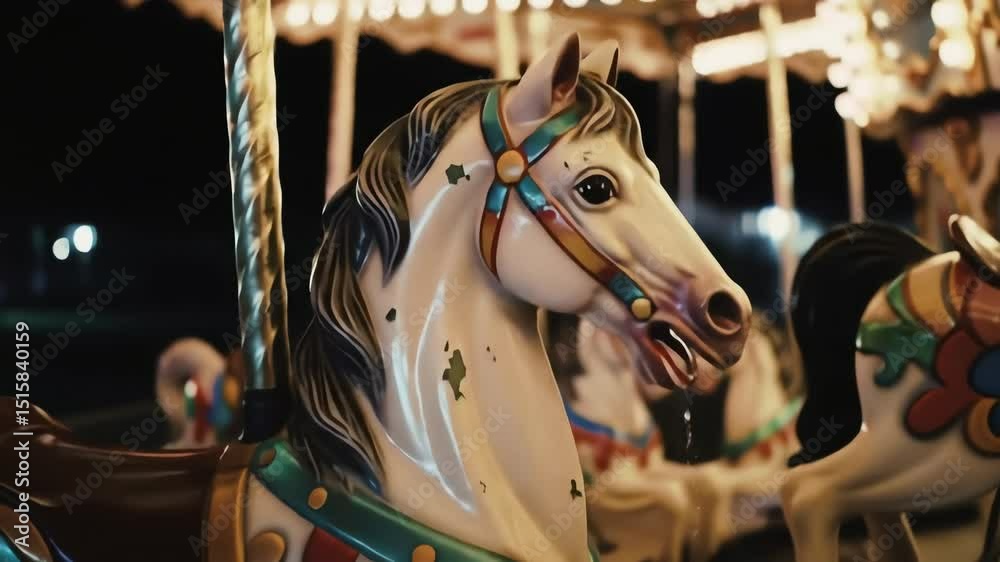 Vintage Carousel Horse Close Up Spinning at Night Amusement Park Ride with Festive Lights