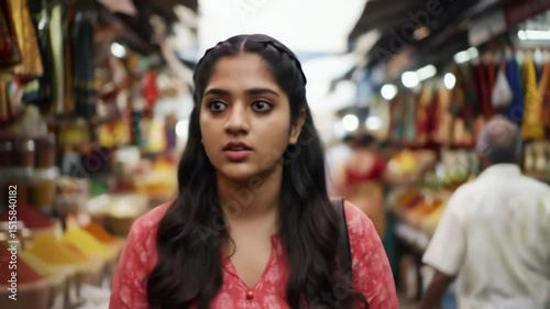 Young Indian woman with long dark hair walks thoughtfully through a vibrant bustling traditional market