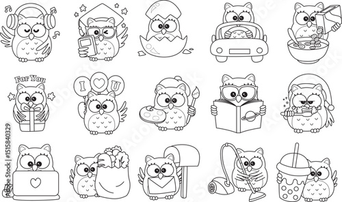 Coloring pages of Sticker of violet owl daily activities.