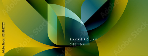 Abstract design features flowing shapes, vibrant colors. Green, yellow, blue blend creating dynamic visual effect. Modern background texture.