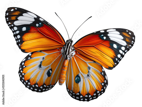 Plain Tiger Butterfly: A vibrant Plain Tiger butterfly with striking orange and black wings showcases its intricate patterns in a detailed close-up.