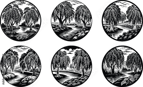 Riverbanks with Willow Trees Vector
