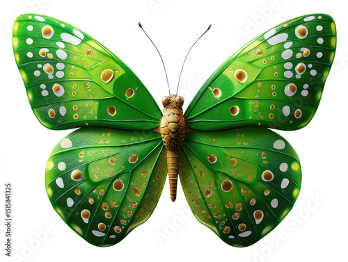 Emerald Monarch: An eye-level view unveils the intricate beauty of a vibrant, green butterfly, its delicate wings adorned with a pattern of nature's finest artistry. 