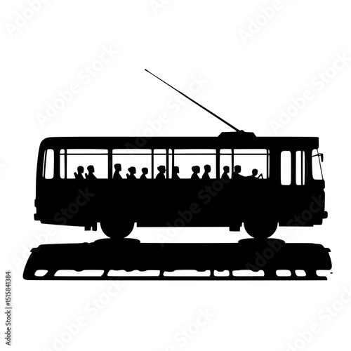 Silhouette of a trolleybus with passengers inside on a white background  