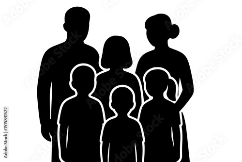 Family of five standing together with silhouettes on white background  