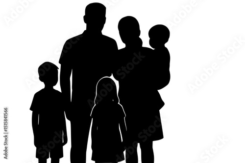 Family silhouette standing together with children in a unified pose  
