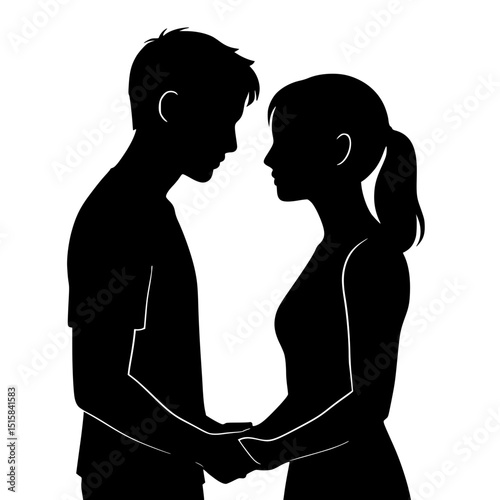 Silhouette of couple holding hands and gazing at each other  