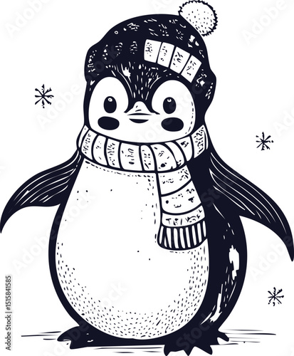 Cute Penguin in Winter Hat and Scarf
