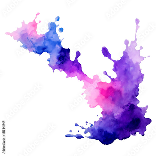 Colorful watercolor splash in vibrant shades of pink, purple, and blue on a transparent background, perfect for creative designs and artistic projects.
