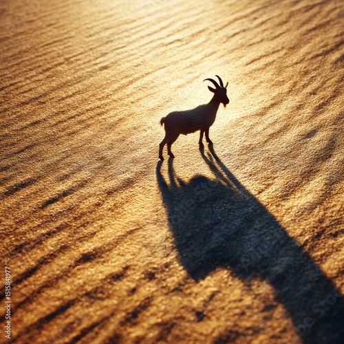 Lone Ibex Silhouette: A Majestic Desert Wanderer Under the Golden Sun, Casting a Long Shadow on the Textured Sands
