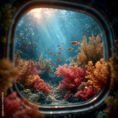 Oceanic Glimpse: A Submarine View of a Thriving Coral Reef Illuminated by Sunlight and Schooling Fish