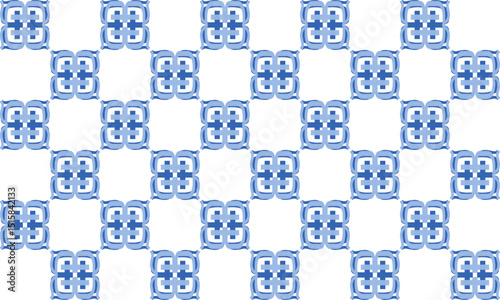 blue drawing louis block curve as repeat pattern on white background, vector, replete pattern image designed for fabric printing grid block, checkerboard