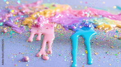 Shimmering pastel glitter drips over iridescent background in artistic shot