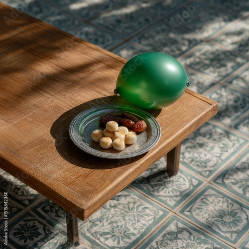 Ramadan Feast Still Life: Dates, Cookies, and a Green Balloon on a Wood Table with Shadow Patterns.