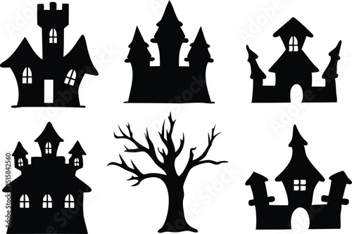 Set of Haunted Houses and Spooky Tree Silhouettes – Halloween Vector Collection for Haunted Scenes, Dark Forest Themes, Ghost Stories, and Creepy Seasonal Decor Design Elements