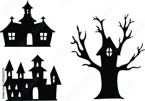 Haunted Houses and Spooky Tree Silhouette Vector – Creepy Halloween Buildings and Bare Tree for Night Scene Illustrations, Horror Graphics, Scary Decor, and October Holiday Design Themes